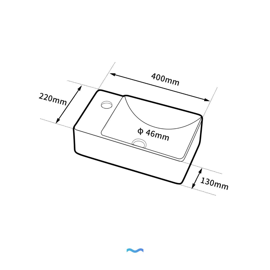 Lavabo mural rectangulaire blanc, Lavabo lave-mains petit format, 400x220x130mm, avec bonde de 46mm