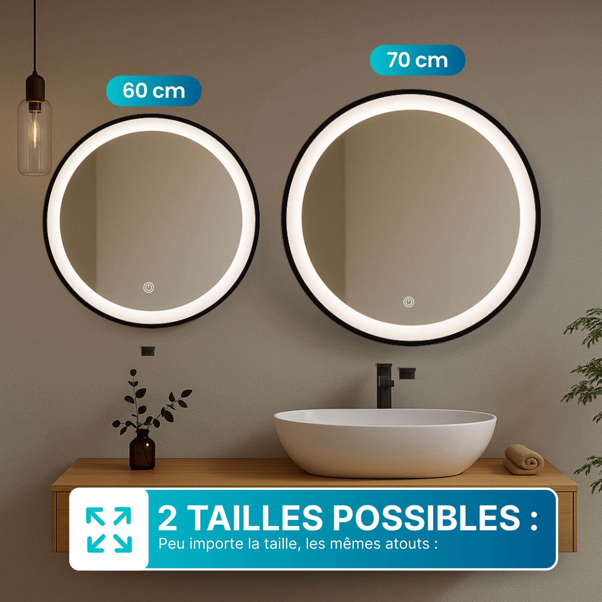 Miroir rond LED Ø60 cm avec cadre aluminium noir