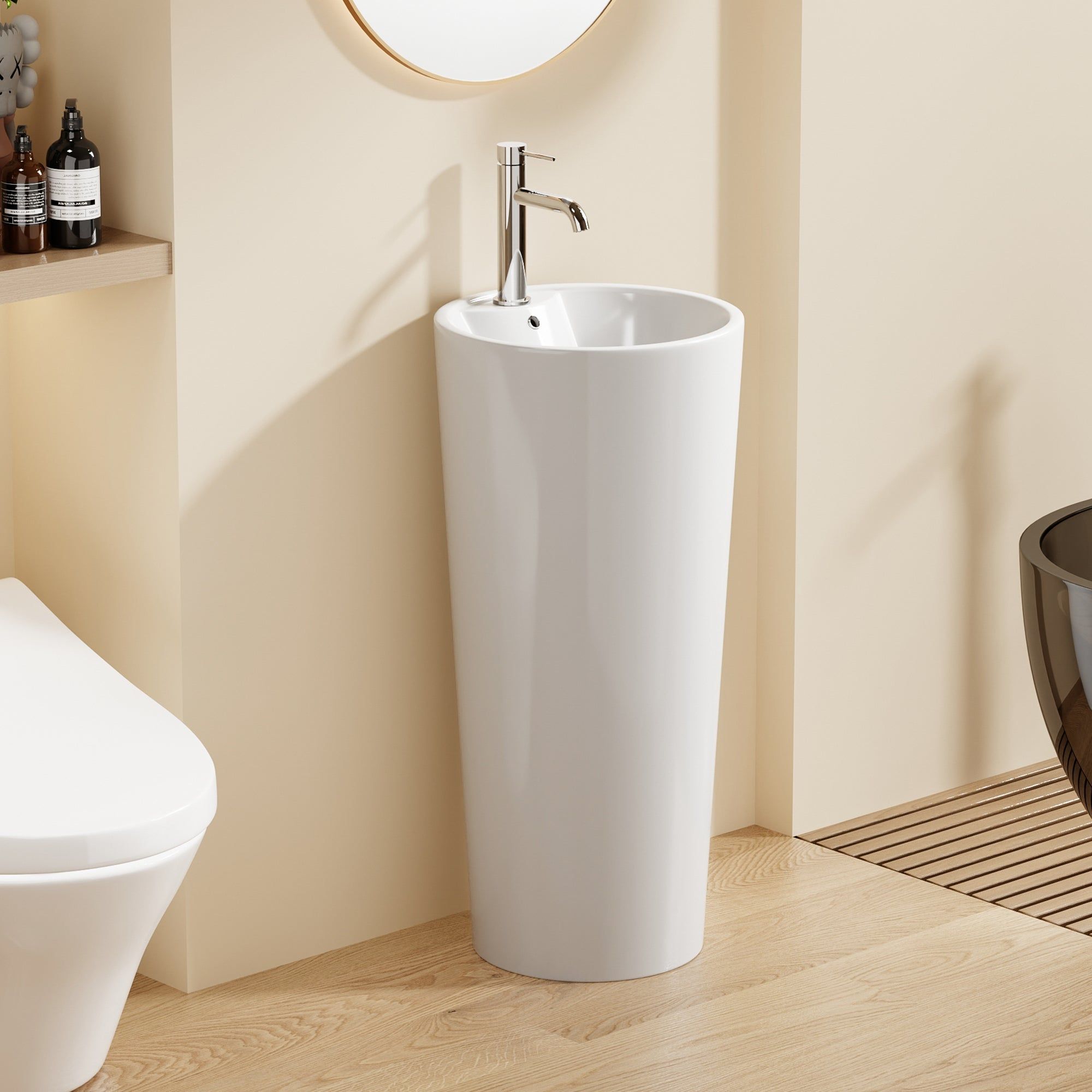 Lavabo Totem Design Rond et Épuré Blanc : Élégant lavabo sur colonne blanc au design rond et épuré, parfait pour les salles de bains modernes.