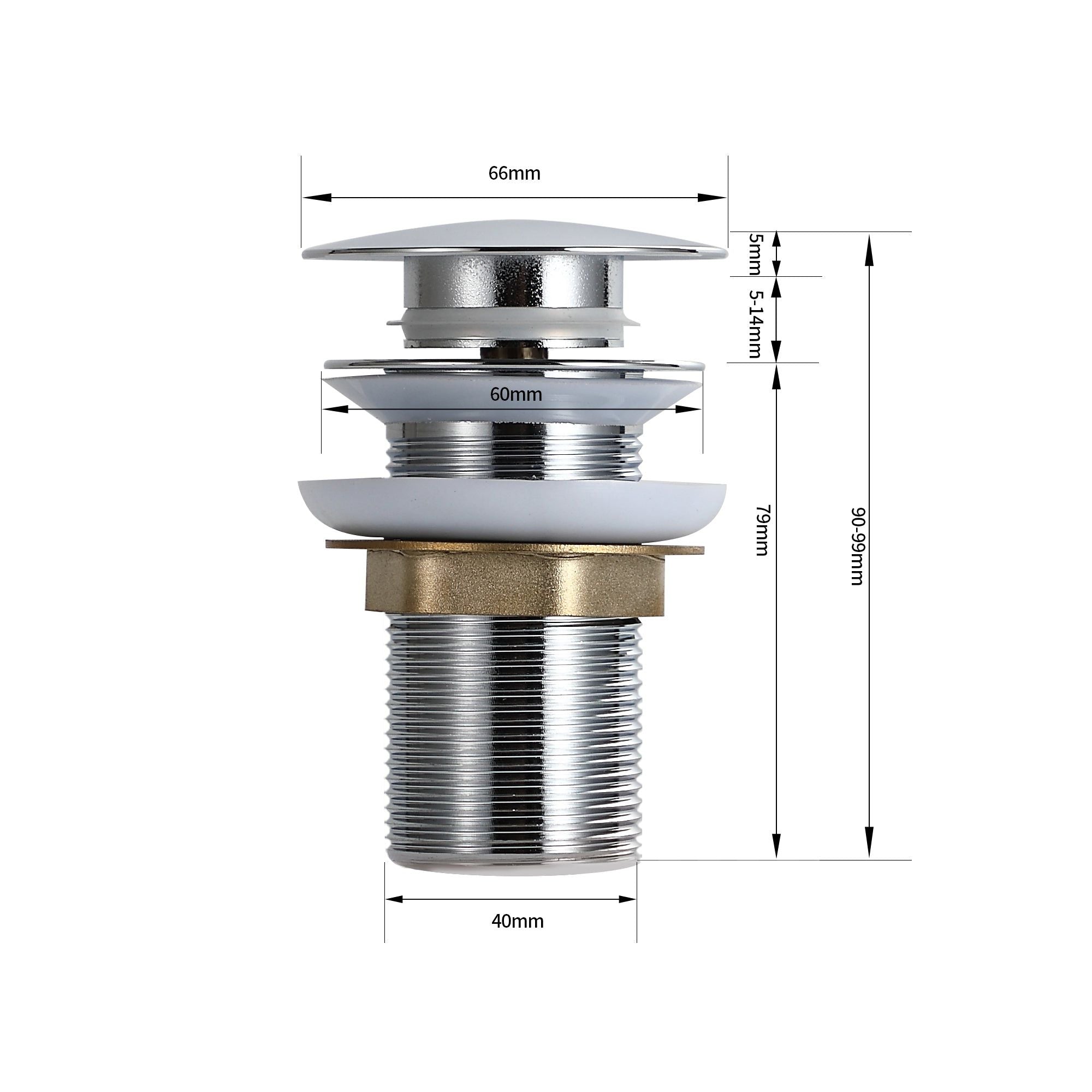 Bonde clic-clac Chrome/argent : Bonde de lavabo à clapet chromée de 60 mm de diamètre, base de 40 mm et hauteur de 90 à 99 mm.
