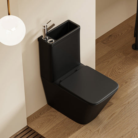 WC 2 en 1 noir - Design carré : Ensemble WC et lavabo noir moderne au design carré, robinet chromé et siège fermé.