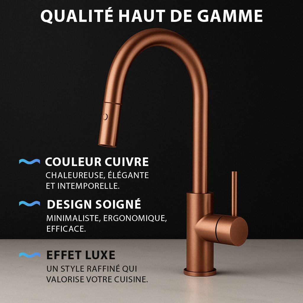 Robinet de cuisine couleur cuivre: Élégant robinet de cuisine en cuivre au design minimaliste et ergonomique.  Finition luxe.