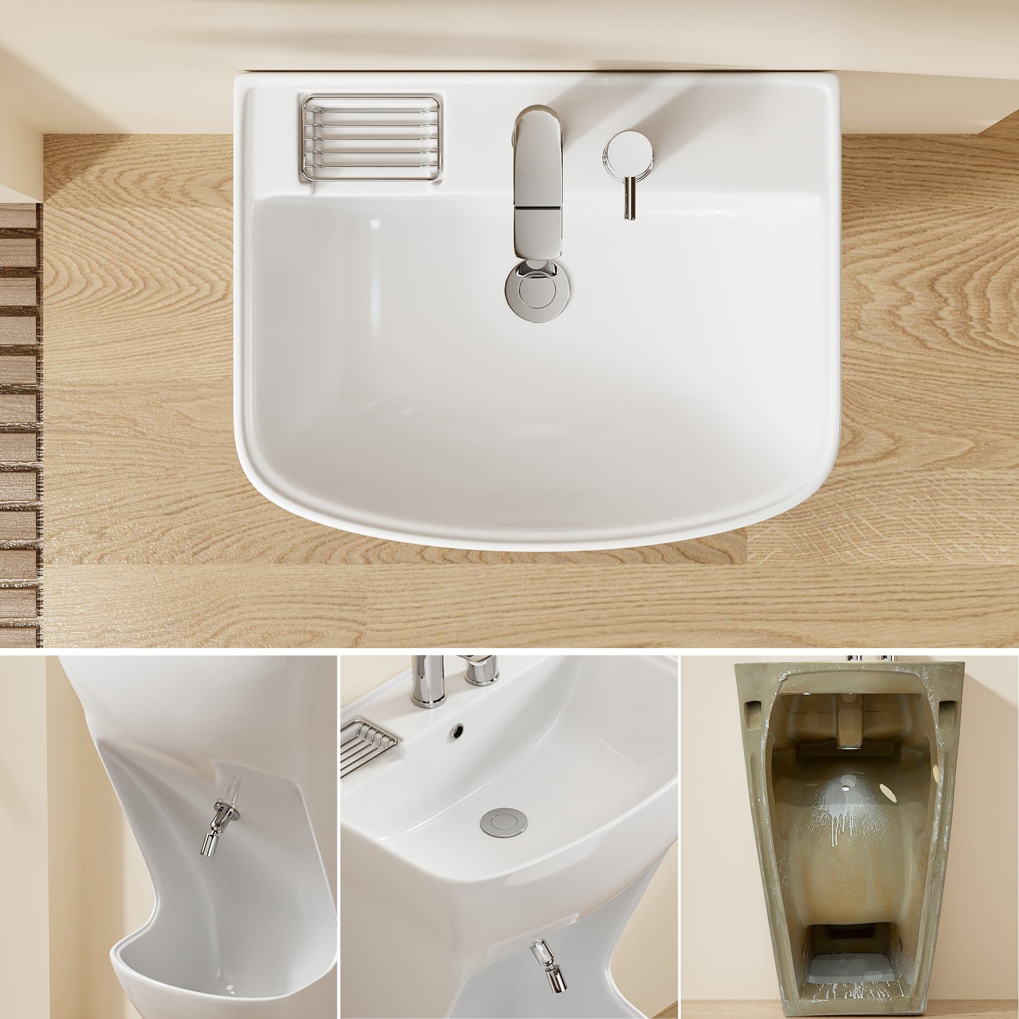 Lavabo d’ablutions Beyrouth blanc design arrondi avec porte-savon intégré et robinetterie chromée