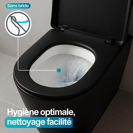 WC Noir Mat à poser : WC sur pied noir mat élégant avec cuvette sans rebord pour un nettoyage facile et une hygiène optimale.