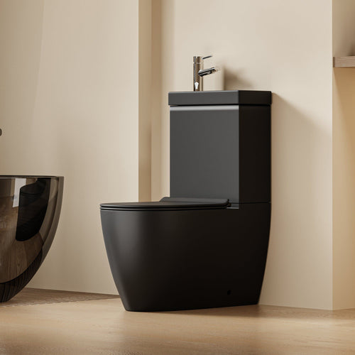 WC à poser avec lave-mains intégré 2-en-1 sans bride sortie horizontale - Design arrondie noir