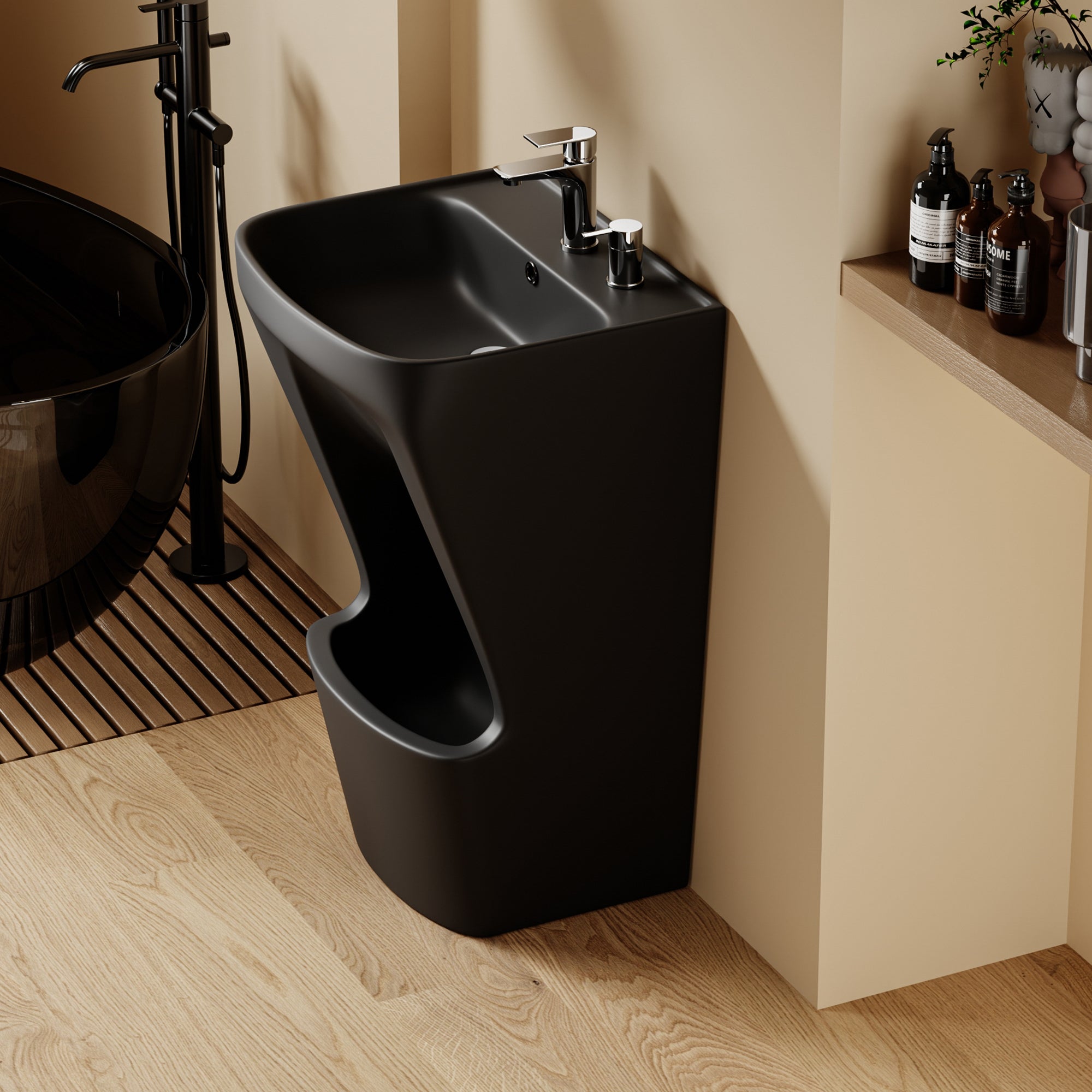 Lavabo d’ablutions moderne noir GAZA, double vasque pour rituels musulmans.