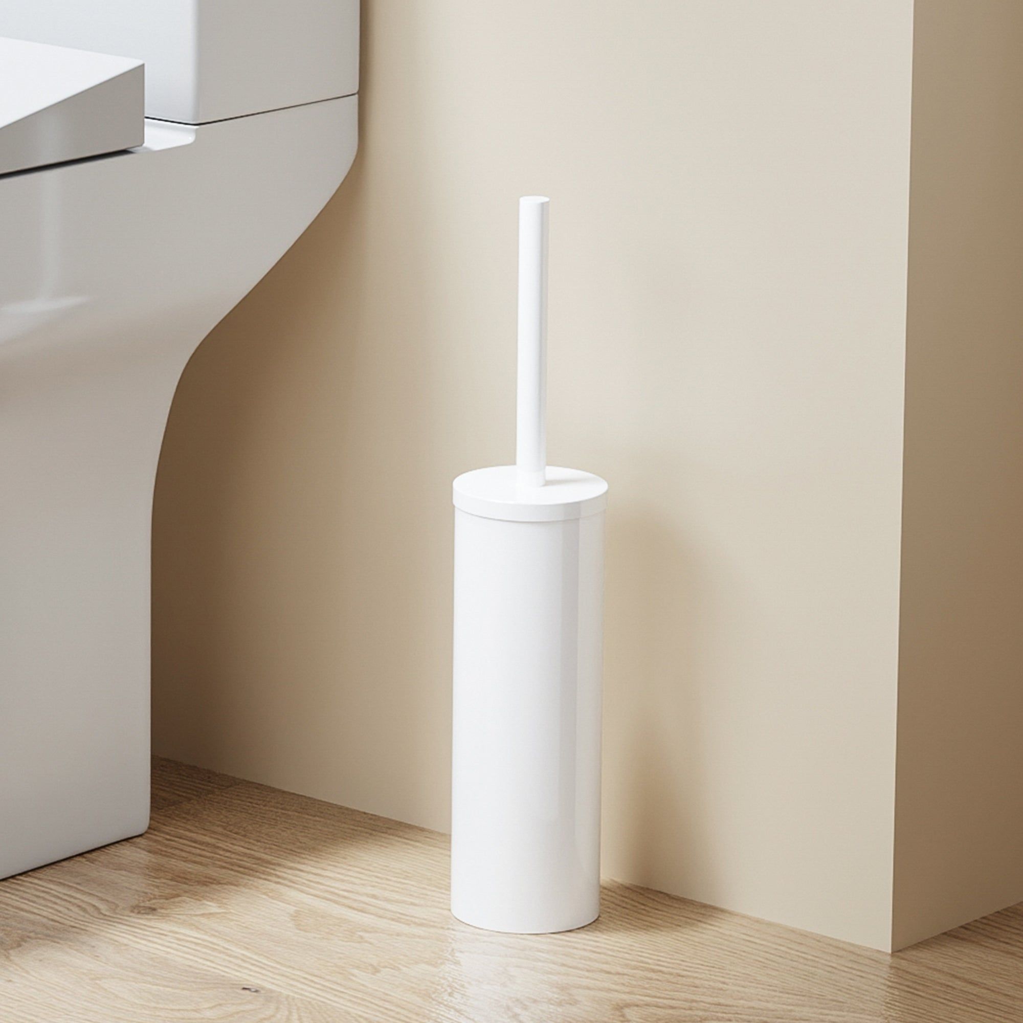 Brosse WC ronde design moderne en acier inoxydable, finition blanc, avec couvercle
