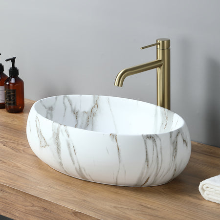 Vasque ovale effet marbre blanc (48x35cm), vasque de salle de bain sur pied avec robinet doré