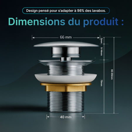 Bonde clic-clac Chrome/argent : Bonde clic-clac chromée/argentée pour lavabo. Dimensions : 66 mm en haut, 40 mm en bas, 90-99 mm en haut.