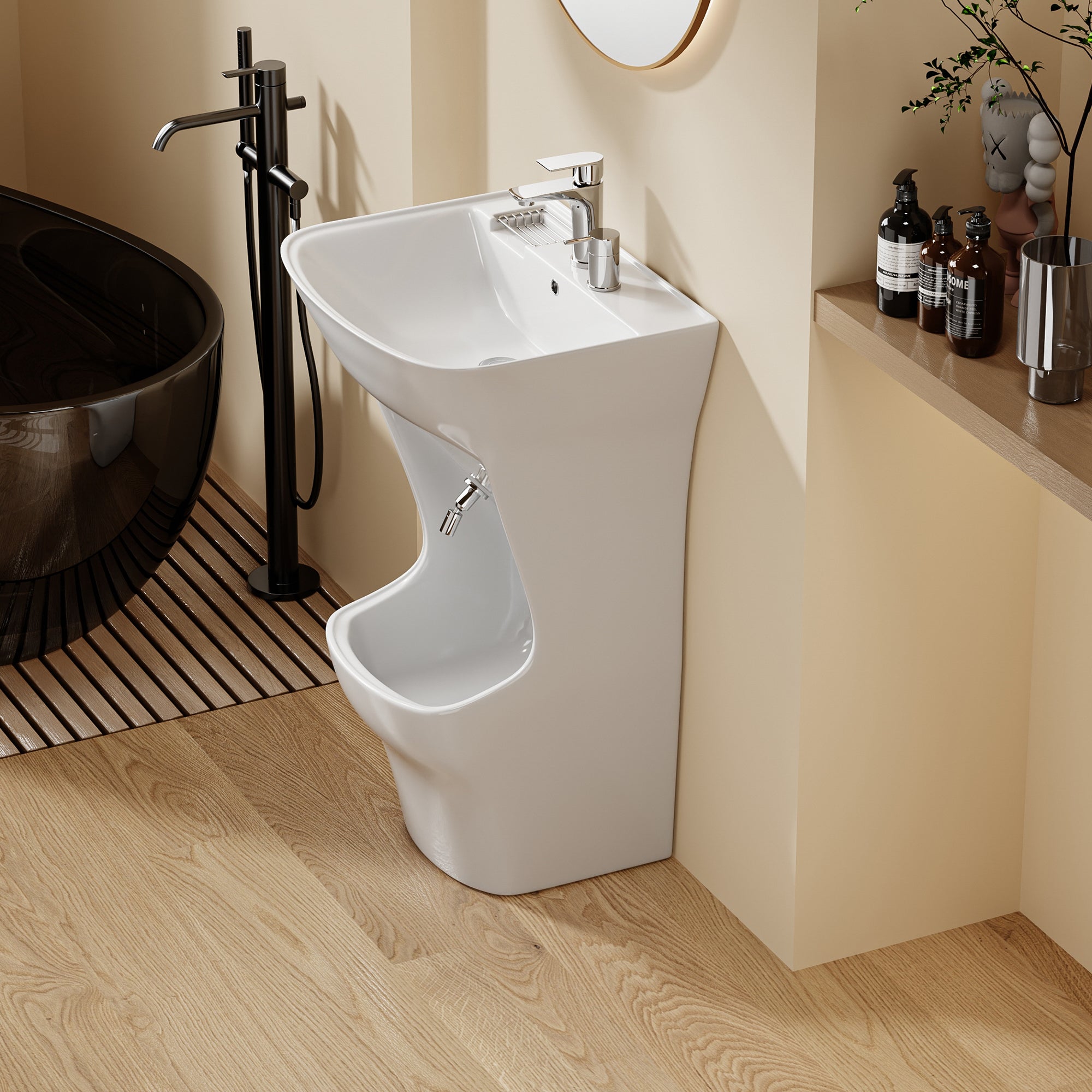 Lavabo d’ablutions Beyrouth blanc au design arrondi, avec porte-savon intégré.