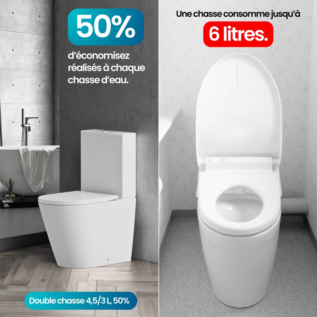 WC Blanc à poser : WC suspendu blanc moderne avec double chasse (4,5/3L) pour une économie d'eau.