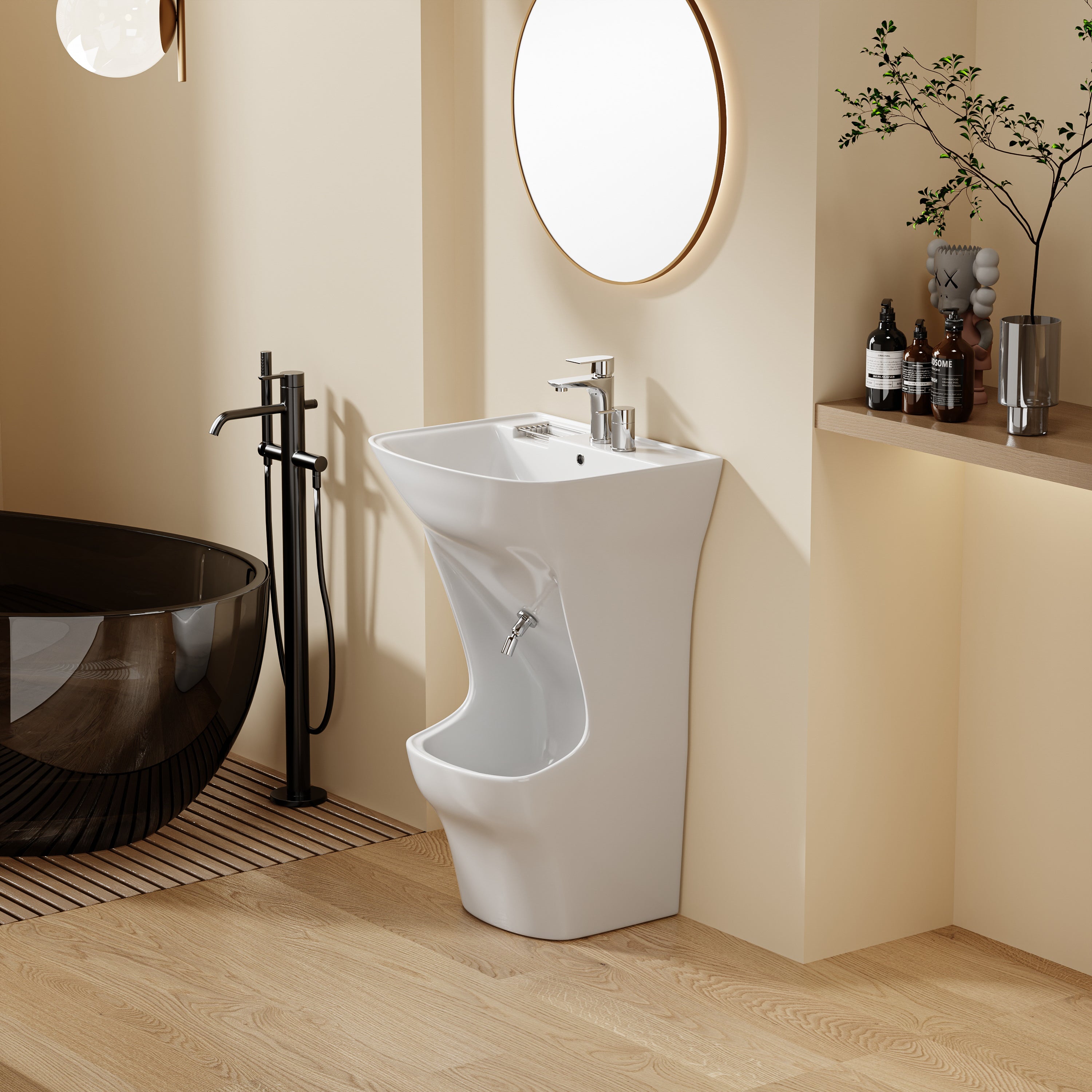 Lavabo d'ablutions Beyrouth blanc en céramique, design arrondi avec porte-savon intégré.