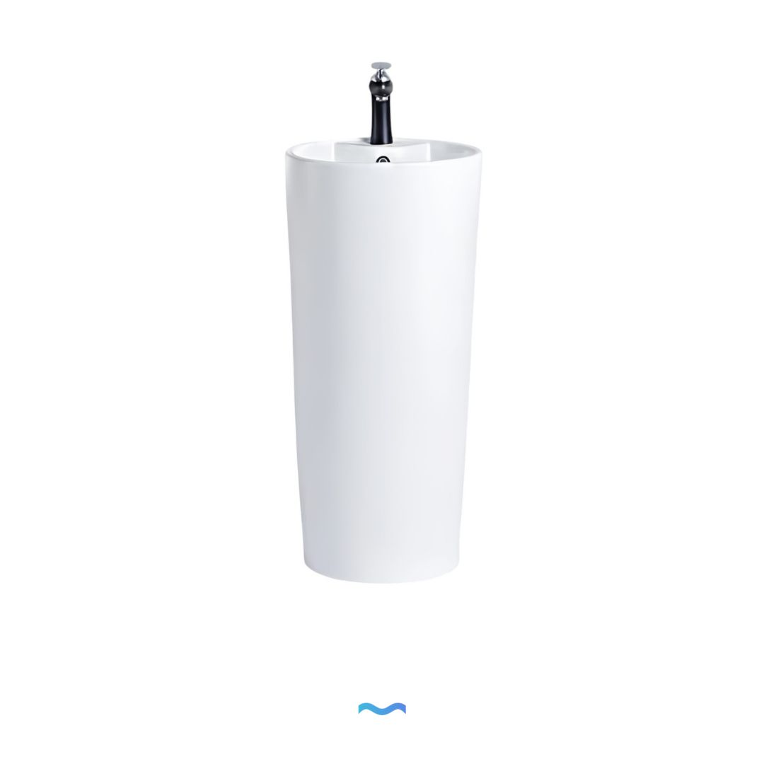 Lavabo Totem Design Arrondi et Épuré Blanc: Elegant white pedestal sink with a sleek, rounded design.