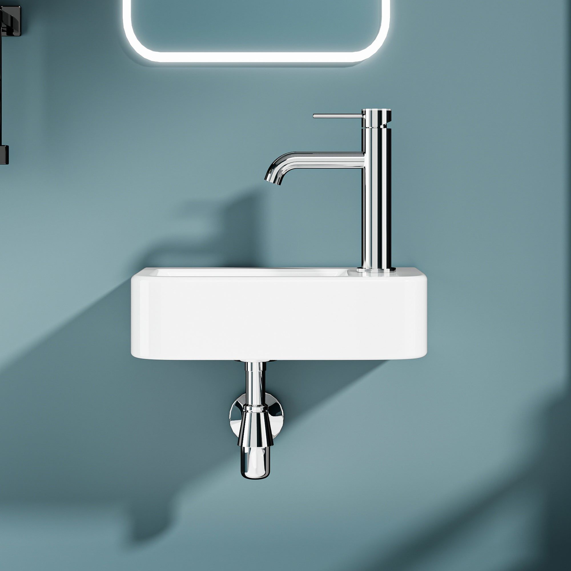 Vasque lave-mains murale compacte BRUNO en céramique blanche, 37x24,5cm, sortie droite.