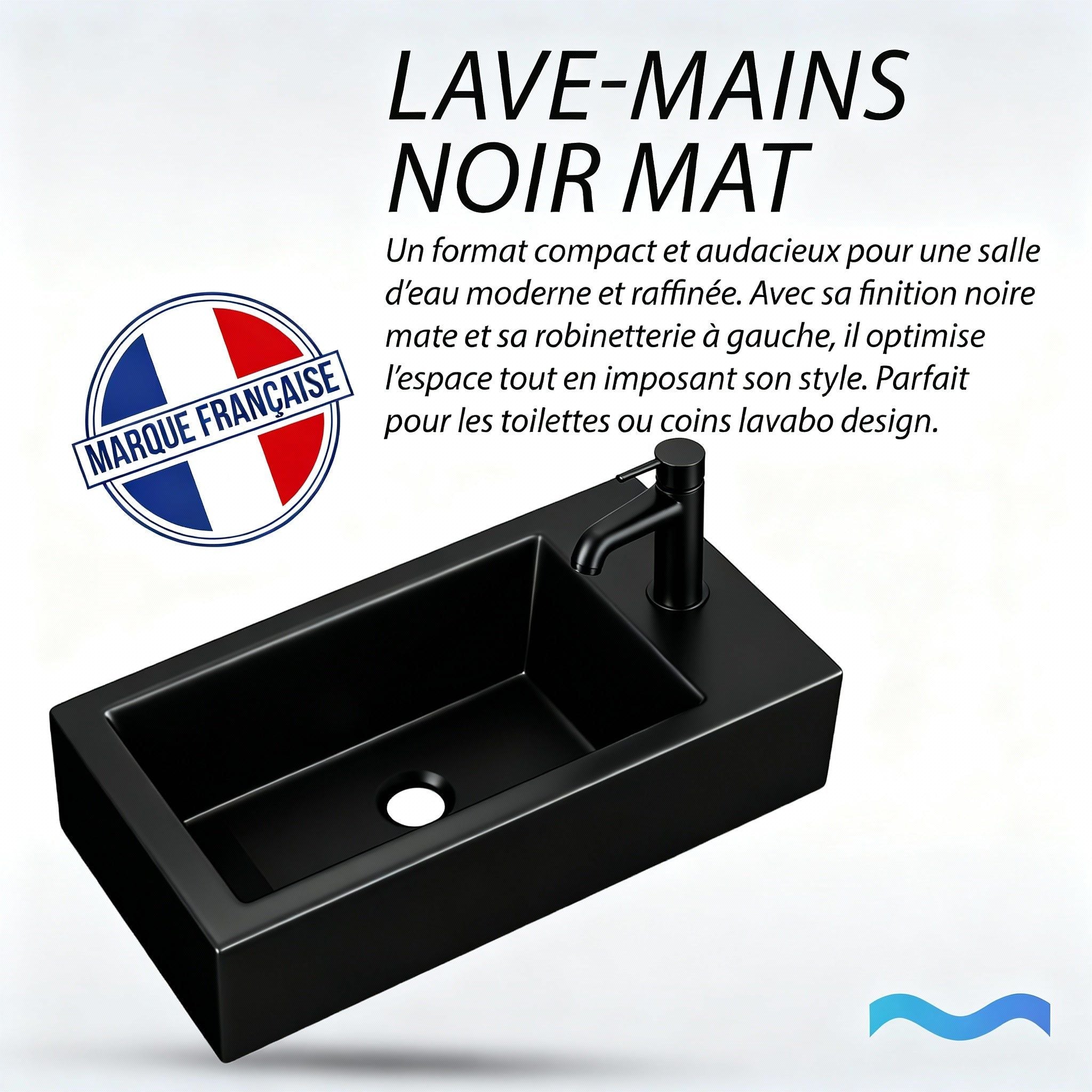 Vasque lave-mains sortie droite noire mate (36,5x18x9cm), design moderne et compact pour WC ou salle de bain.