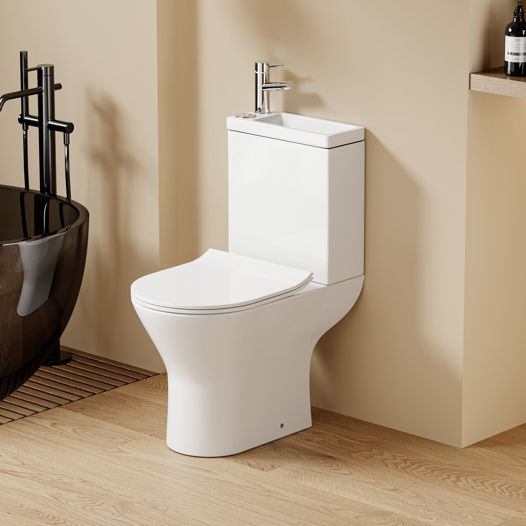 WC à poser avec lave-mains intégré 2-en-1 sans bride sortie horizontale