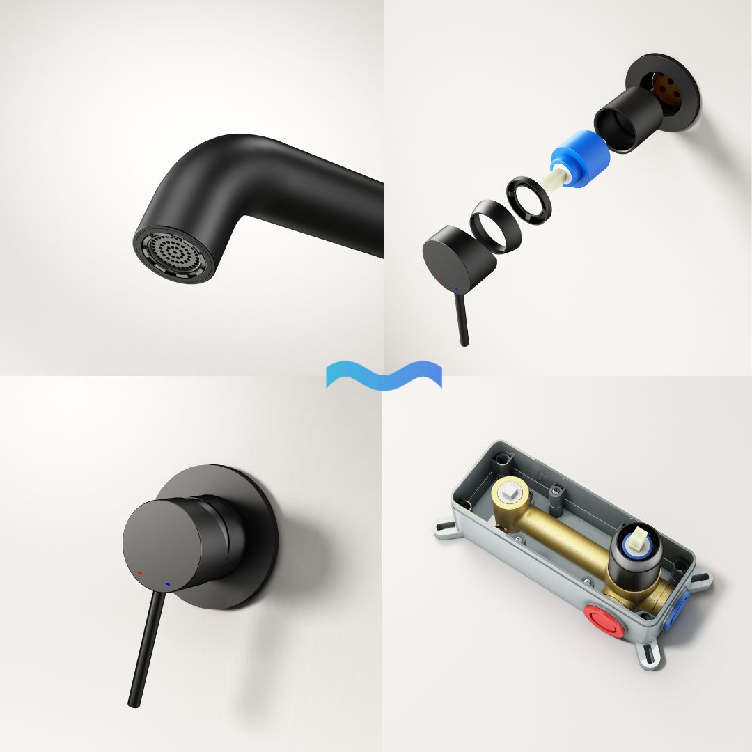 Matte black thermostatic built-in faucet, Robinet à bec encastré thermostatique couleur noir mat.  Includes internal components.