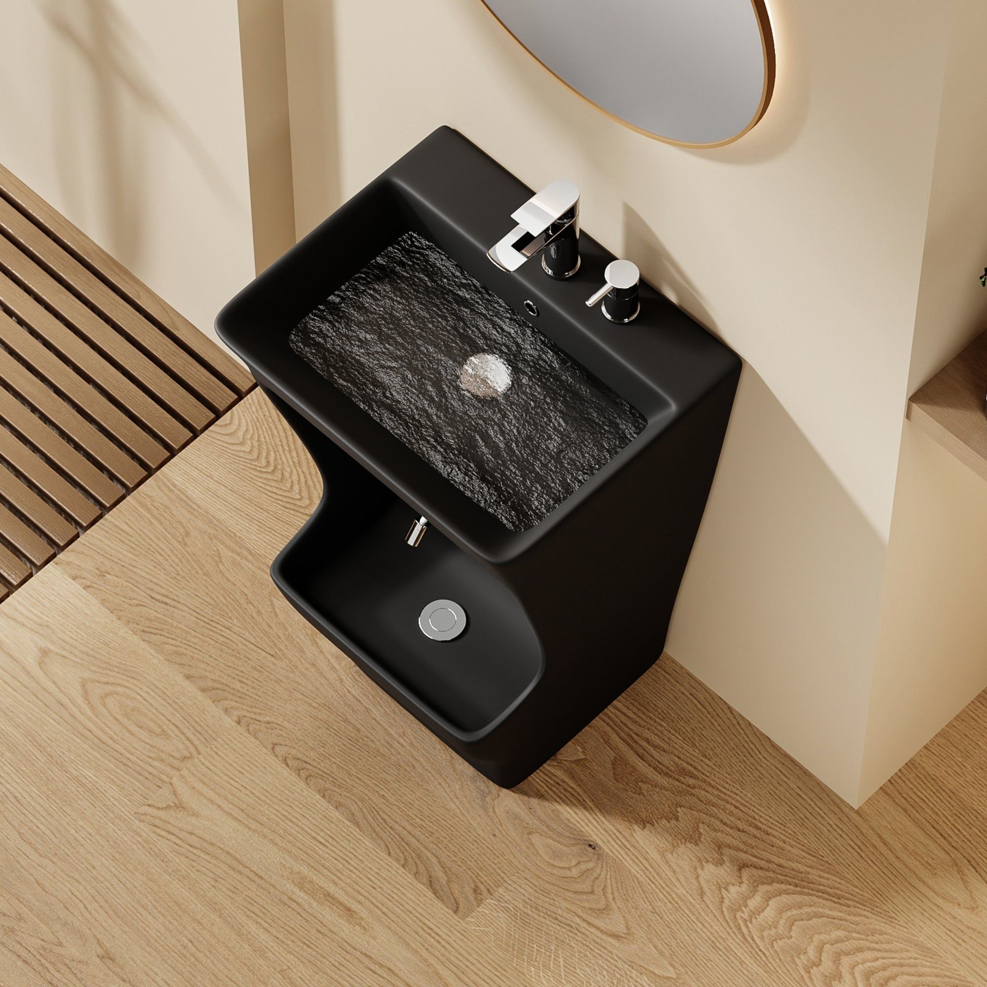 Lavabo d'ablutions Tunis - Design rectangulaire noir et élégant, vue plongeante.