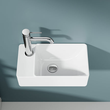 Vasque lave-mains rectangulaire blanc 40x22cm avec robinetterie chromée.