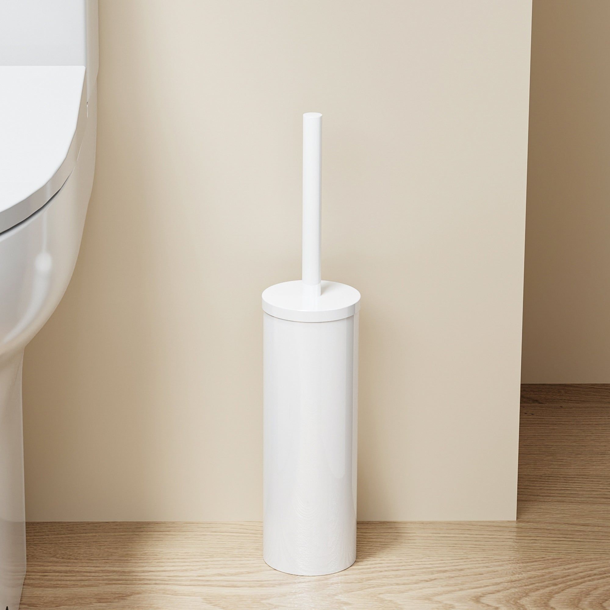 Brosse WC ronde en acier inoxydable blanc avec couvercle