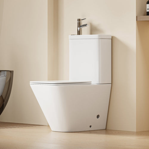 WC à poser avec lave-mains intégré 2-en-1 sans bride sortie horizontale - Design carré blanc