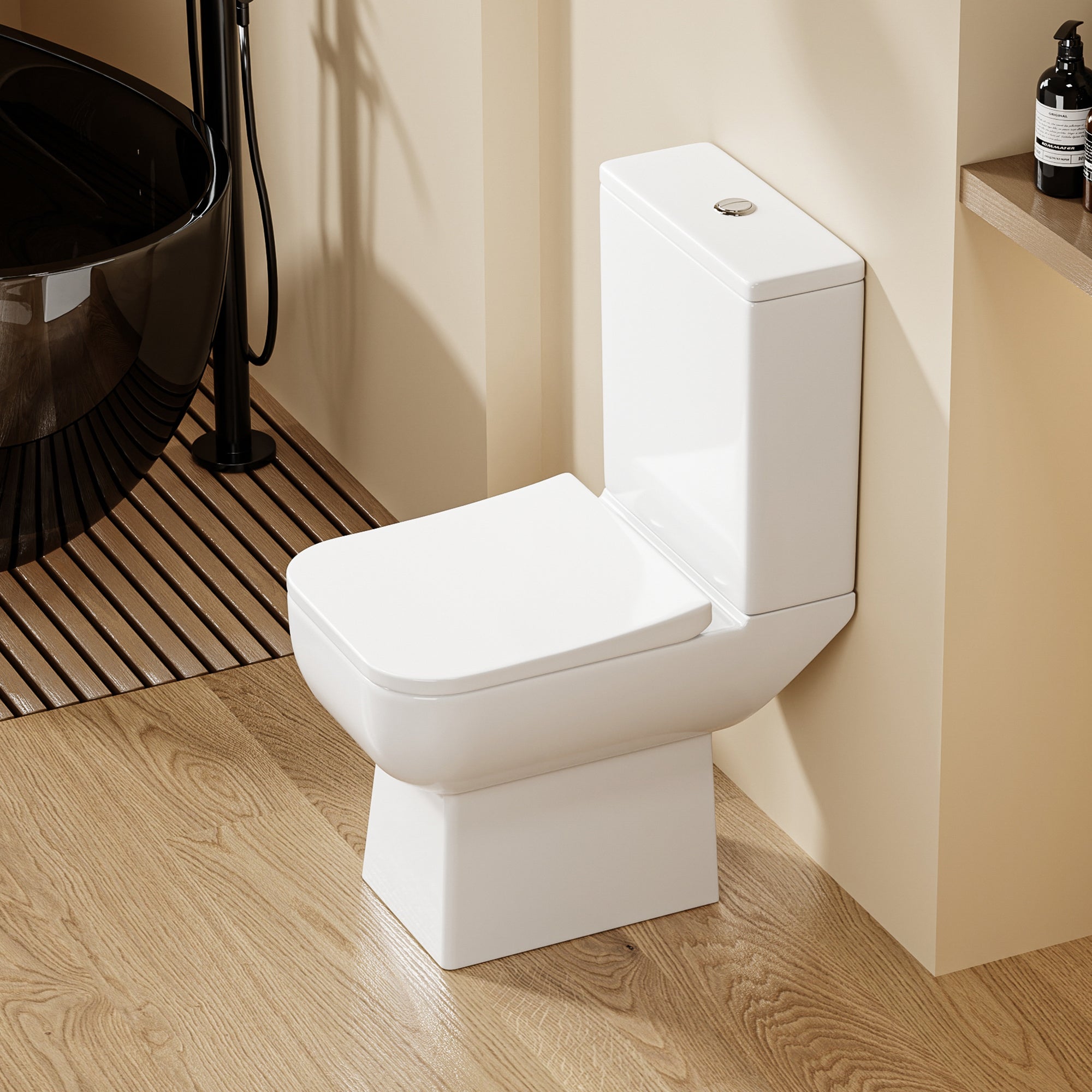 WC à Poser Ultra Compact 55,5 cm BIKIBUS – Design Carré Arrondi – Abattant Soft Close – Sortie Horizontale