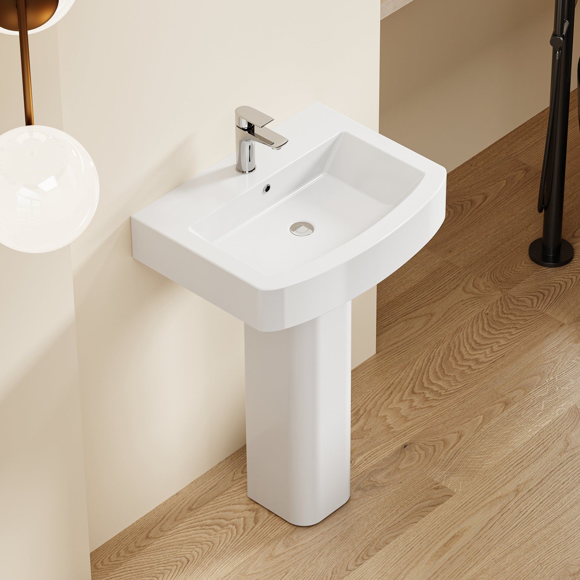 Lavabo colonne sur pied en céramique blanche, design carré aux bords arrondis