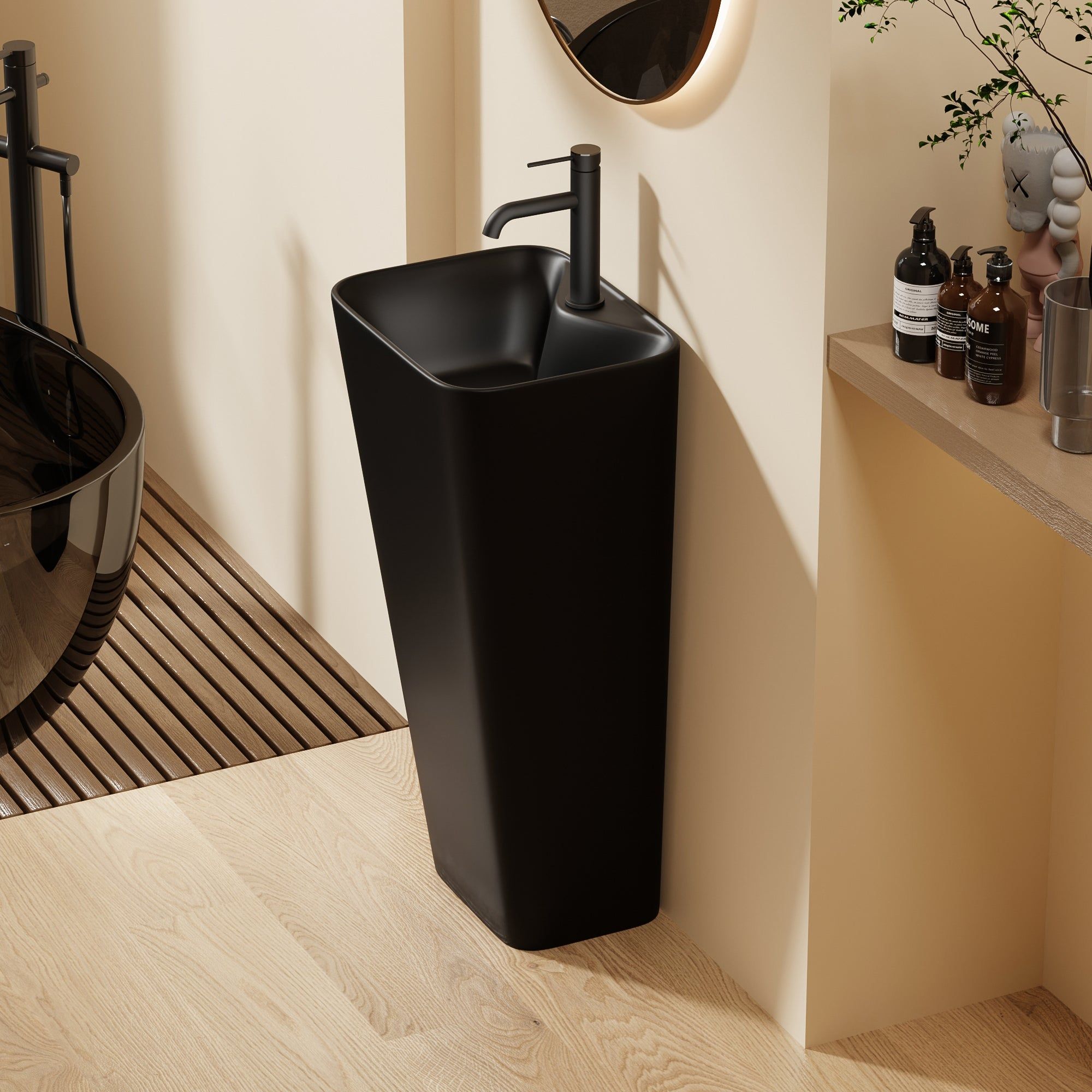 Lavabo Totem Noir Rectangulaire et Fin : Lavabo sur colonne rectangulaire noir élégant, parfait pour une salle de bain minimaliste moderne.