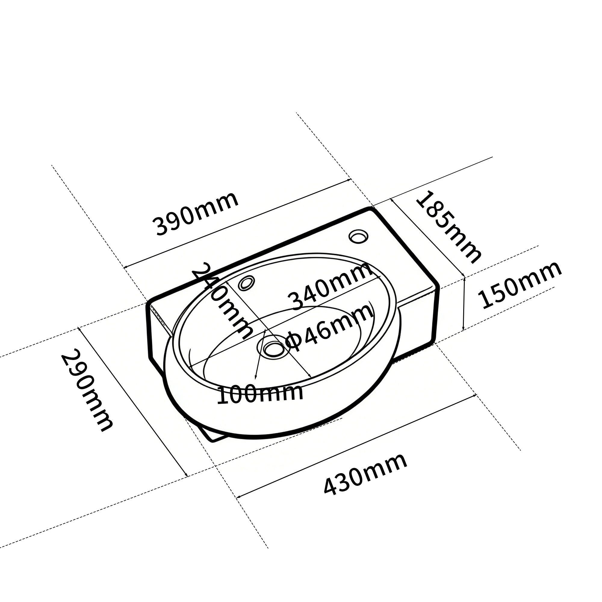 Vasque lave-mains blanc avec cuve murale, dimensions 430x290x150mm