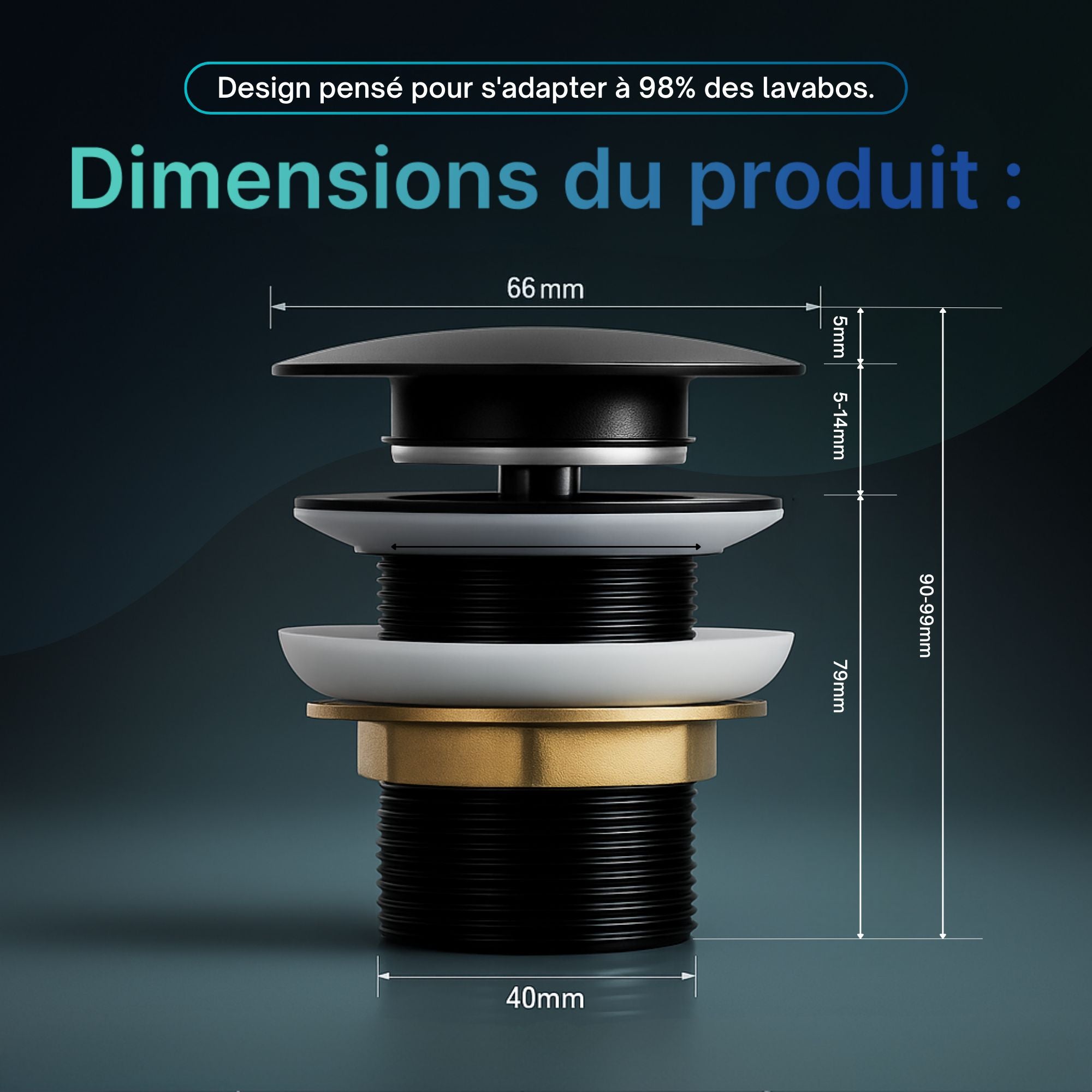 Bonde Pop-Up noir mat : bonde escamotable noir mat avec touches dorées. Dimensions indiquées.