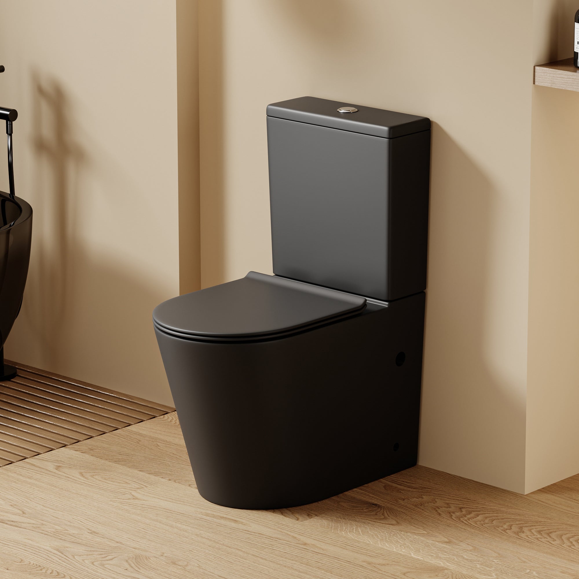 WC à poser sans bride sortie horizontale (63x38x82cm) - Design arrondie noir CESAR