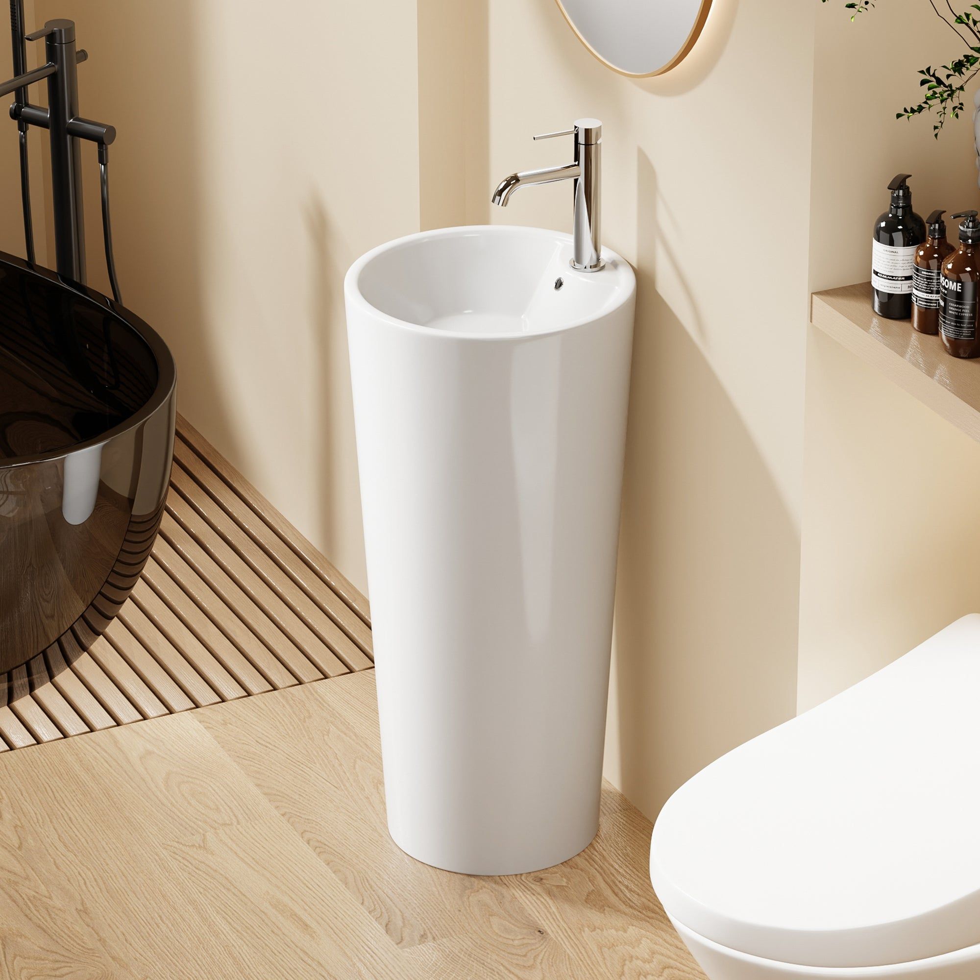Lavabo Totem Design Rond et Épuré Blanc : Élégant lavabo sur colonne blanc au design épuré et moderne. Idéal pour une salle de bain contemporaine.
