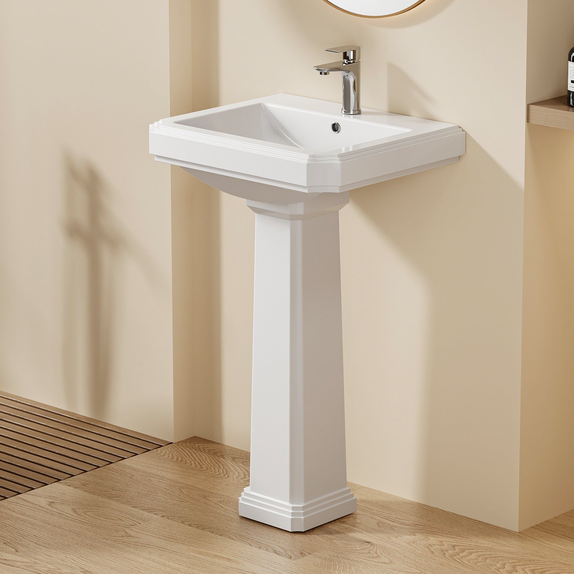 Lavabo colonne sur pied Chelsea Retro Blanc : vasque blanche classique avec robinetterie chromée
