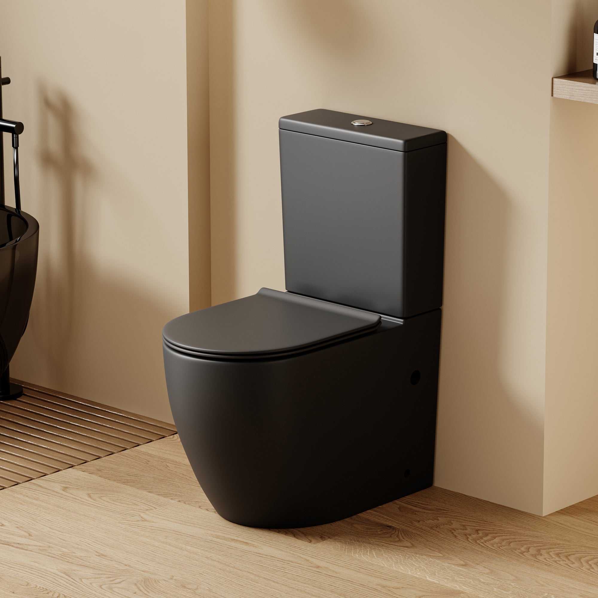 WC à poser noir sortie horizontale, design BABIN, 63x38x82cm.