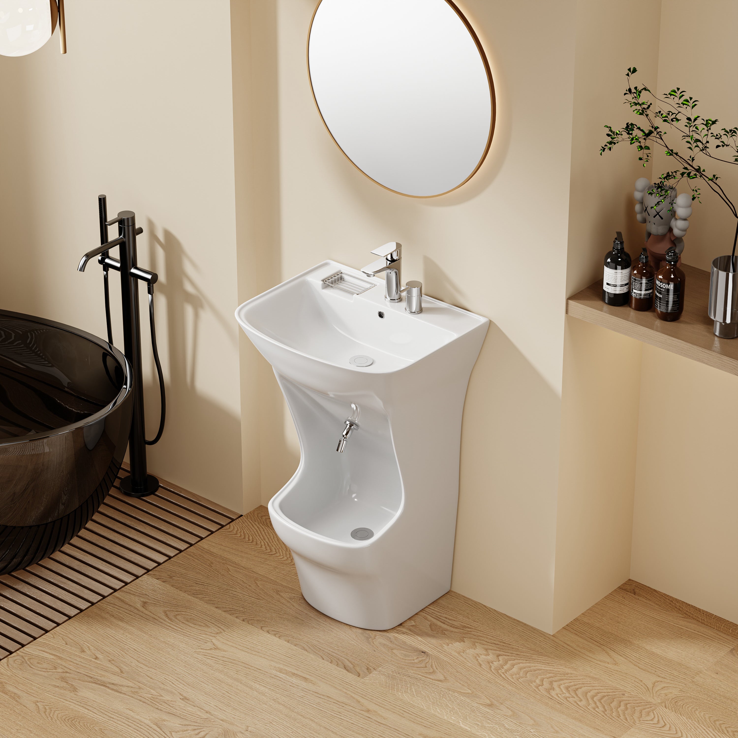 Lavabo Beyrouth blanc au design arrondi avec porte-savon intégré et robinetterie chromée.