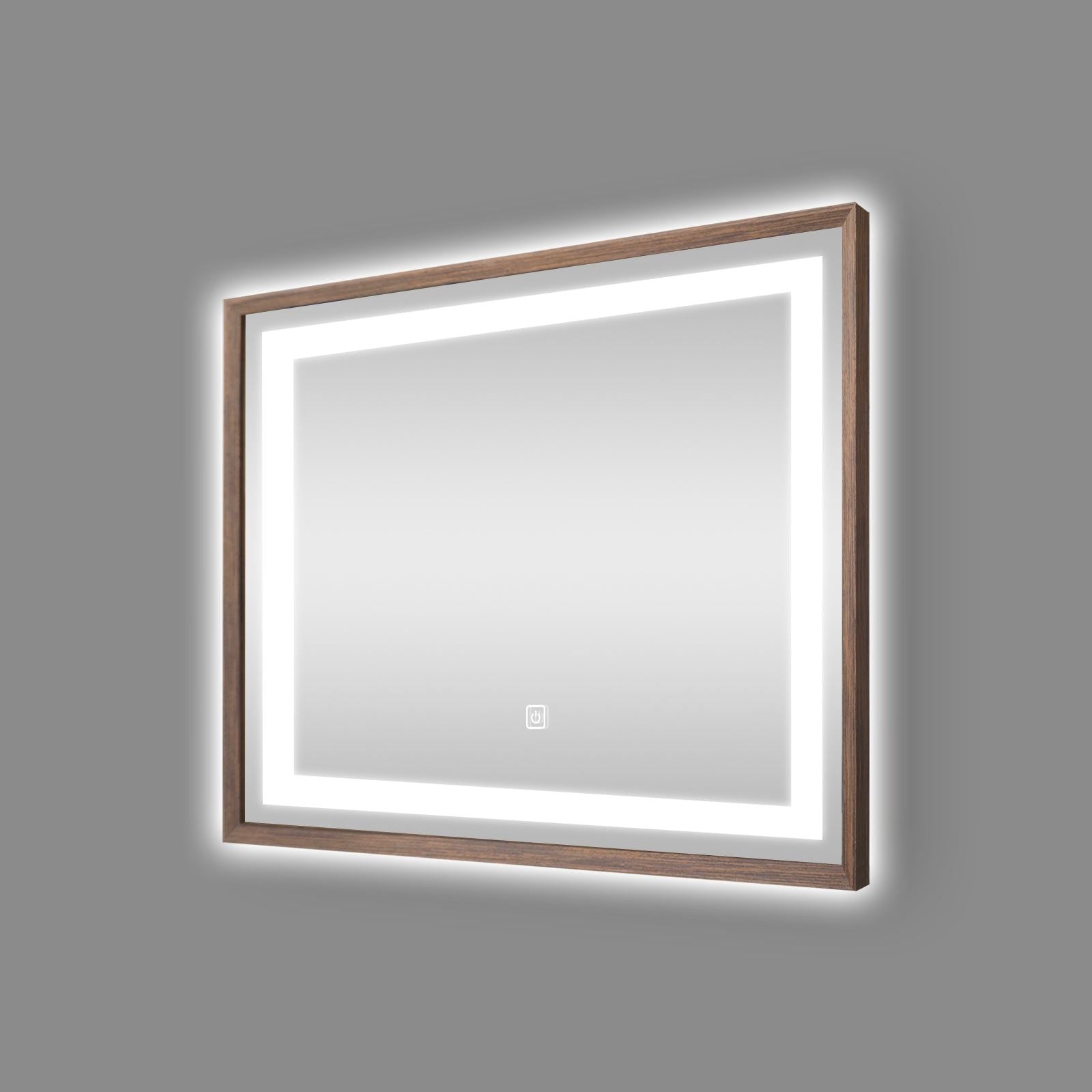 Miroir lumineux LED avec cadre bois Noyer foncé veinage naturel