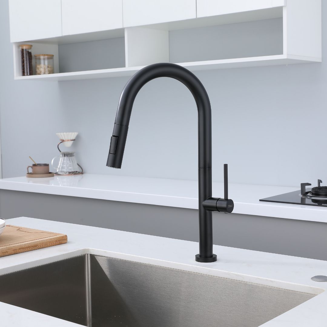 Robinet de cuisine à tirette noir mat : design élégant et moderne avec bec à arc élevé et pulvérisateur à tirette.