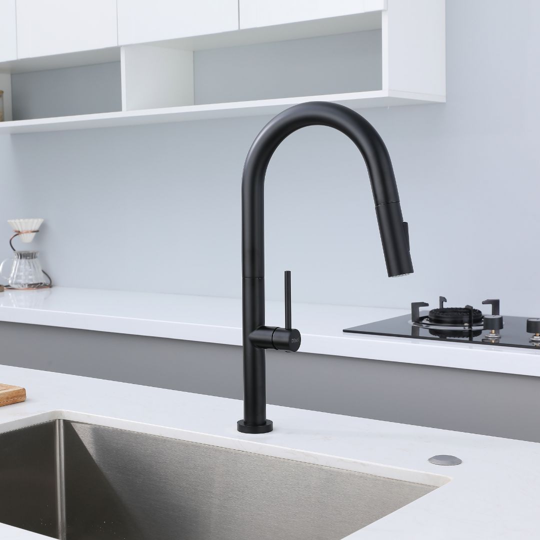 Matte black pull-down kitchen faucet, Robinet de cuisine avec Douchette Extractible noir mat, featuring a high-arc design and single-lever handle.
