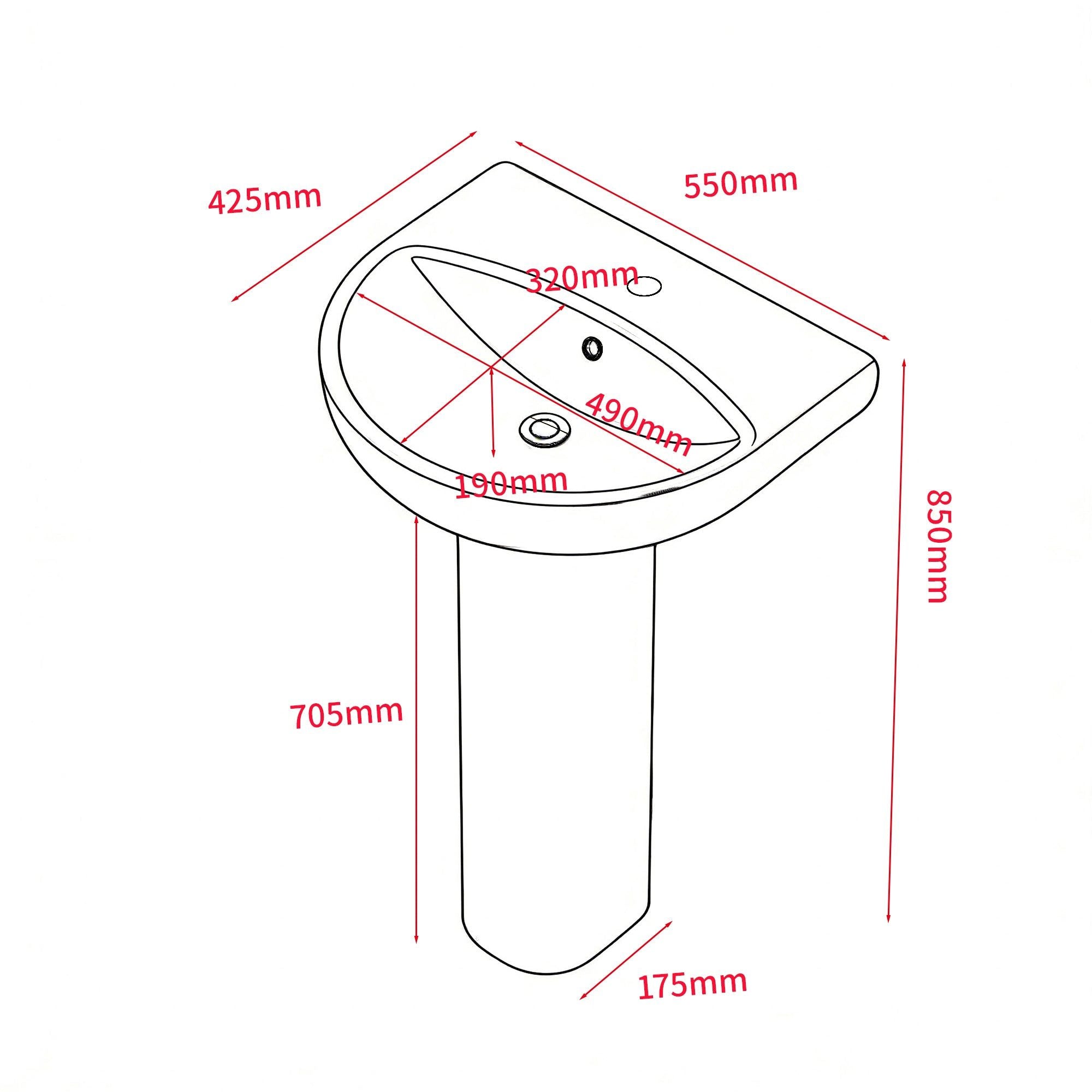 Lavabo sur pied colonne en céramique blanche, design arrondi moderne, dimensions 850x550x175mm