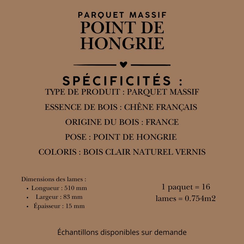 Parquet massif chêne français, Point de Hongrie, dimensions 510x83x15 mm, teinte bois clair naturel