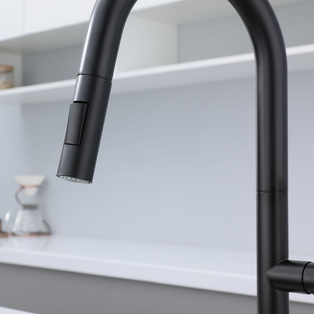 Robinet de cuisine rétractable noir mat avec tête de pulvérisation et boutons de commande pratiques.