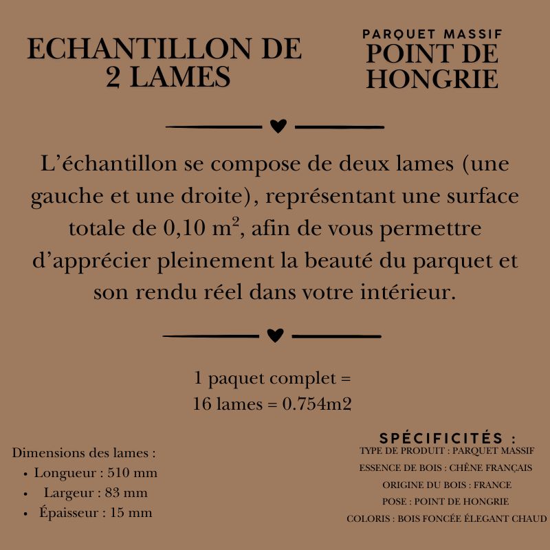 Échantillon de parquet Point de Hongrie chêne français, 2 lames 510x83x15mm, teinte foncée