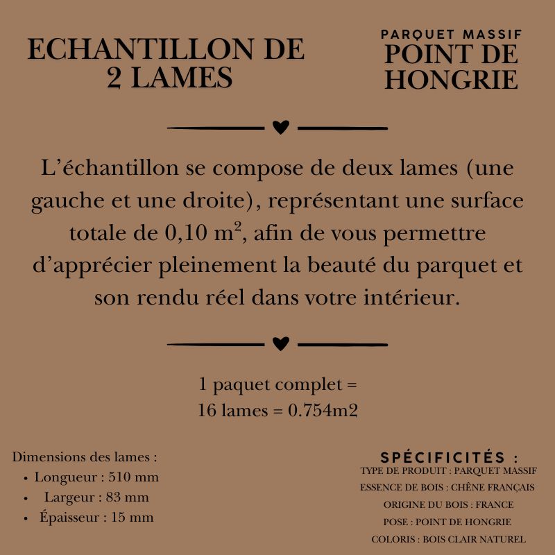 Échantillon de parquet Point de Hongrie chêne français, 2 lames 510x83x15 mm, bois naturel