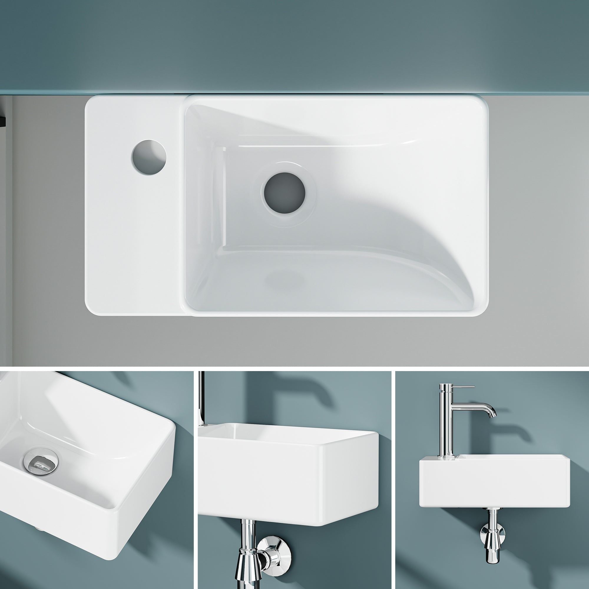 Vasque lave-mains blanc rectangulaire 40x22x13 cm, petit format, installation murale.