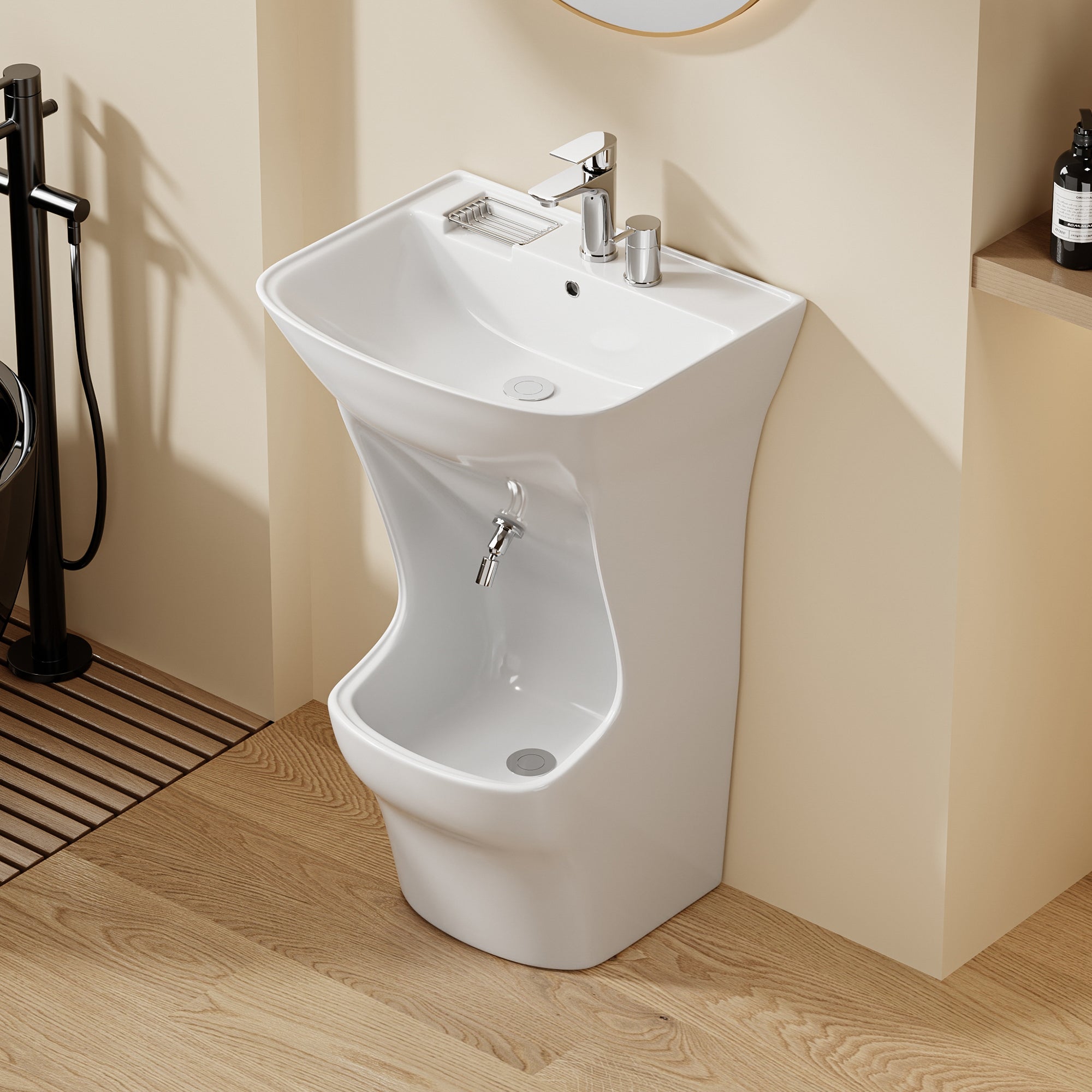 Lavabo d’ablutions Beyrouth design arrondi avec porte-savon et robinetterie moderne.