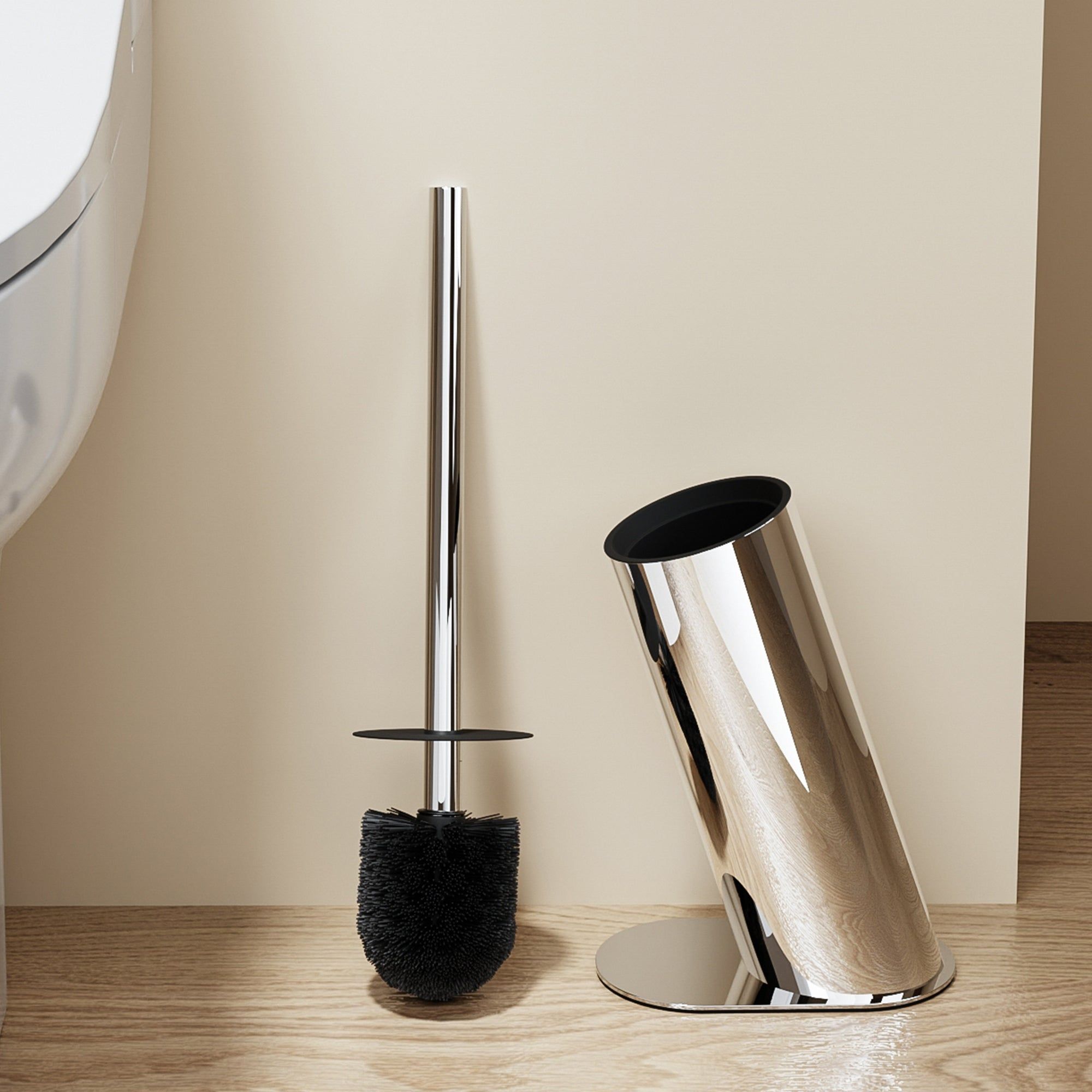 Brosse WC design en acier inoxydable chromé, avec manche long et support élégant