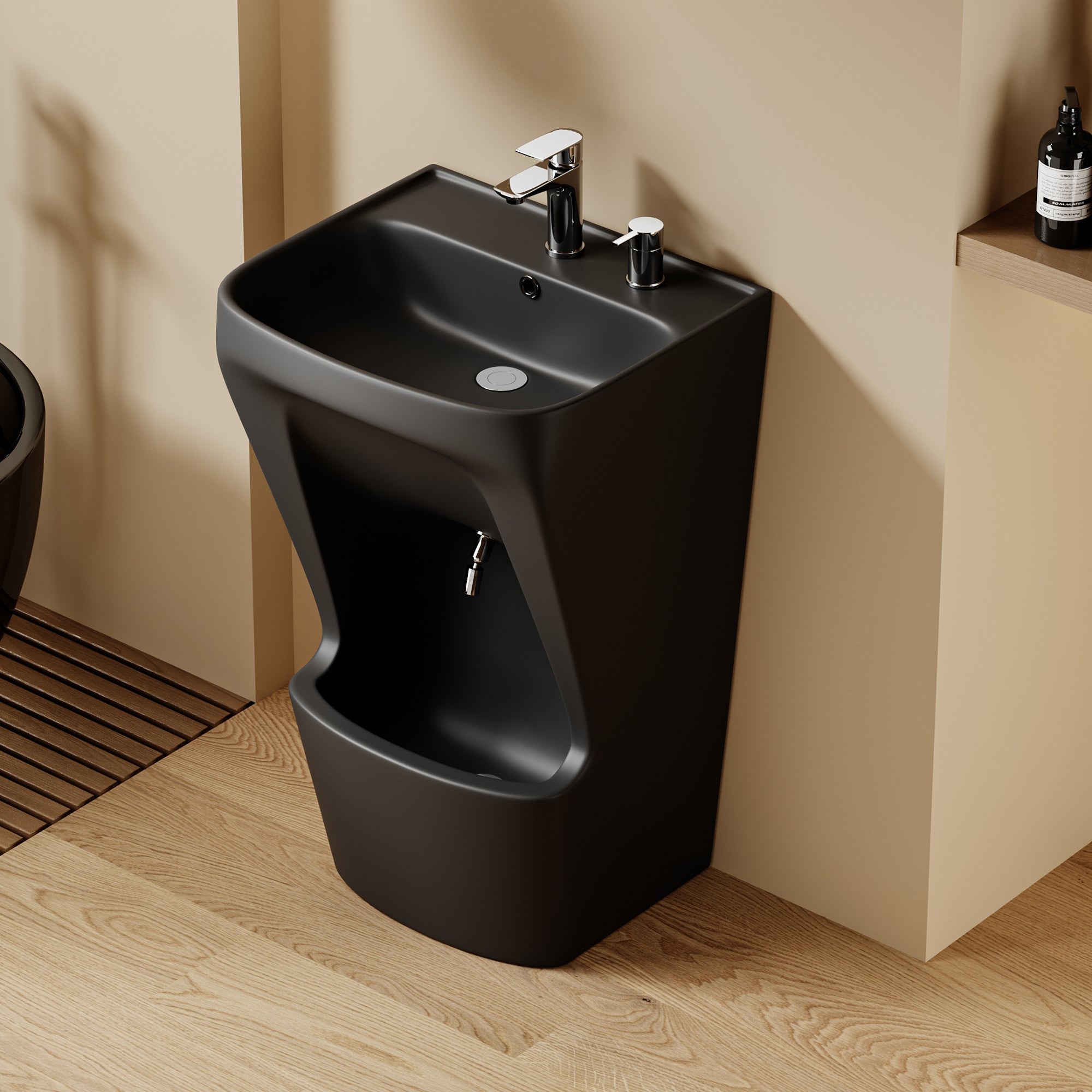 Lavabo d’ablutions GAZA noir au design moderne, double vasque pour rituels musulmans.