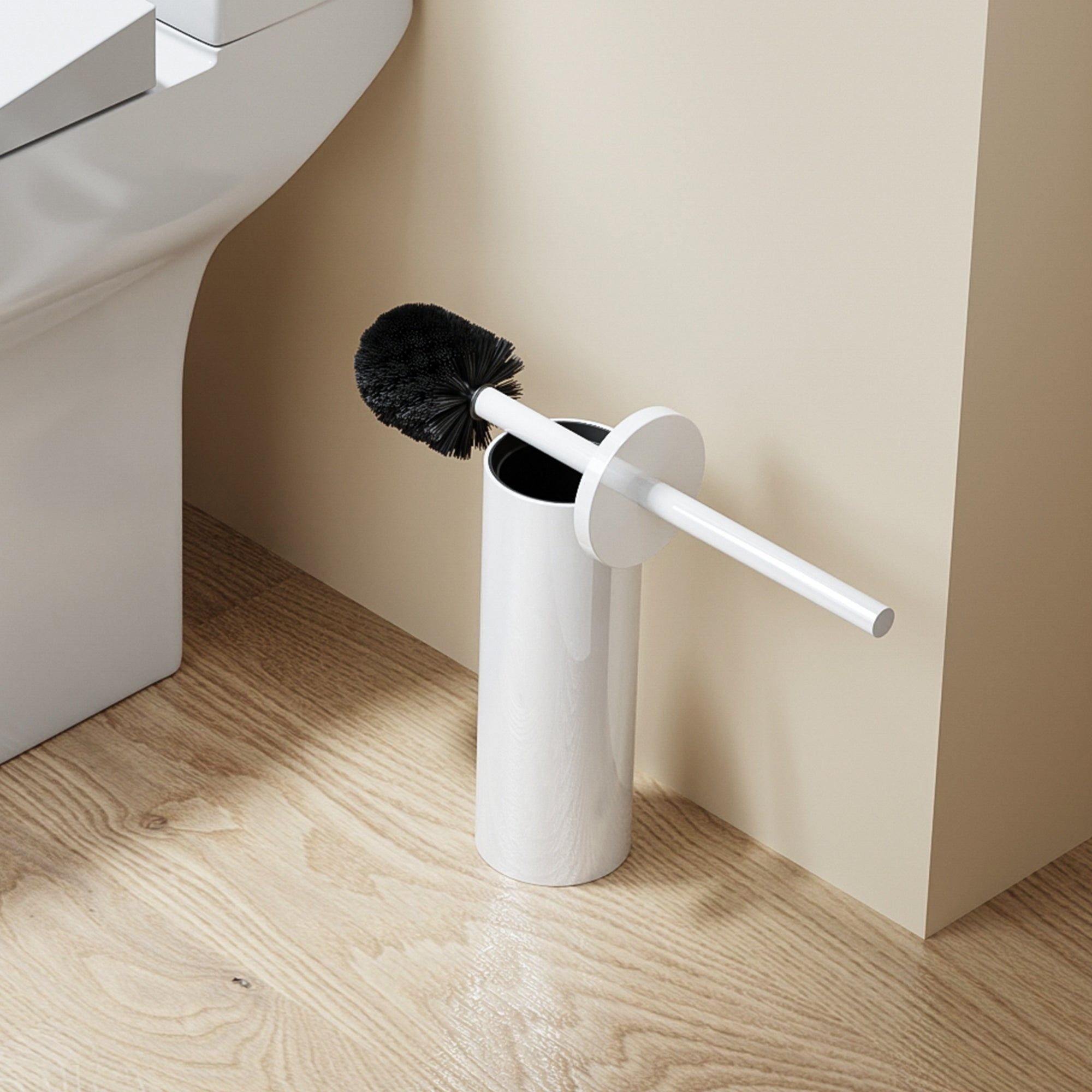 Brosse WC ronde en acier inoxydable avec couvercle, finition blanc