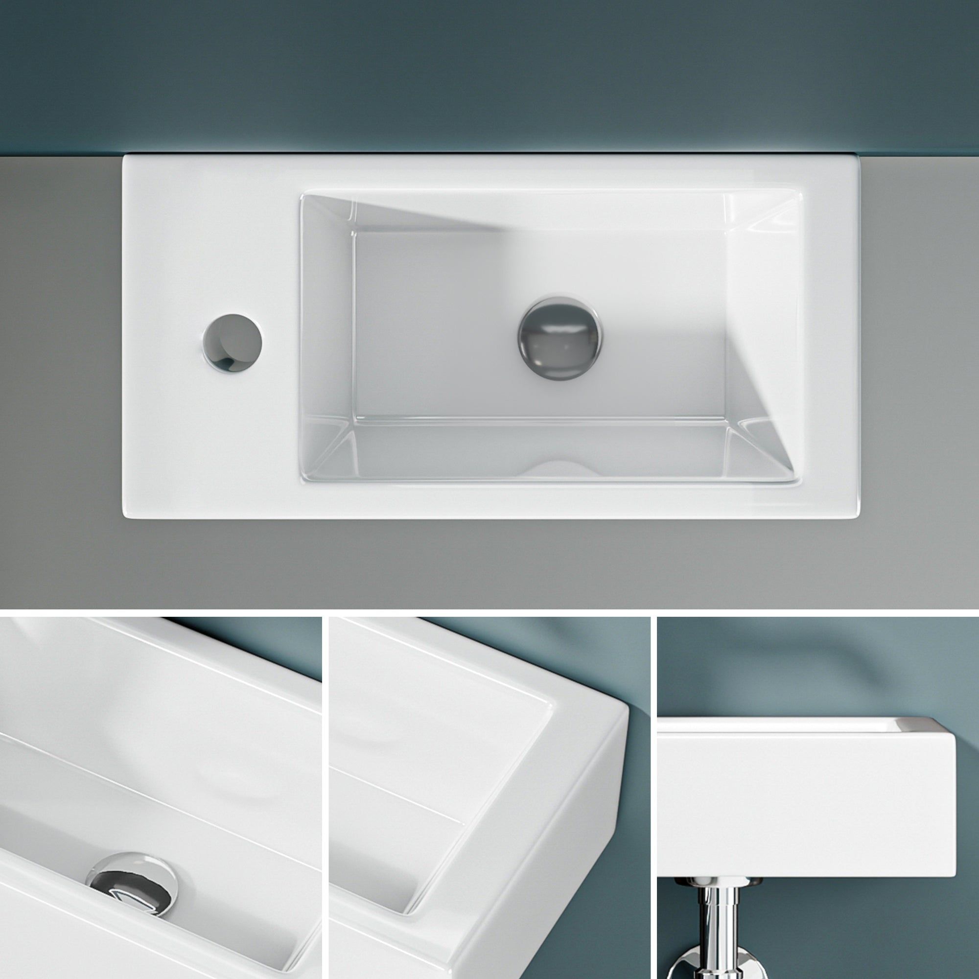 Vasque lave-mains sortie gauche : Lavabo mural en céramique blanche 36,5x18x9cm avec porte-savon intégré