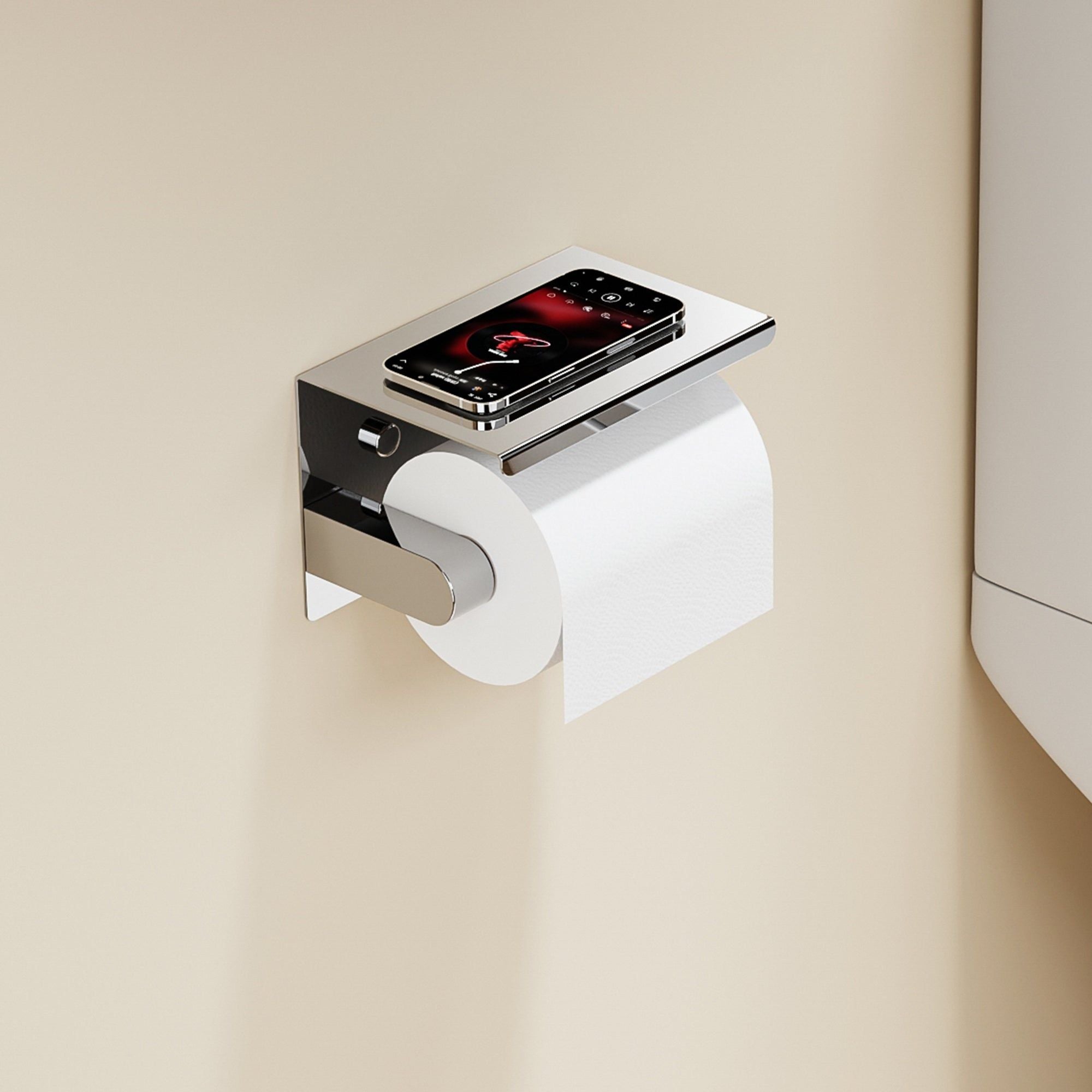 Porte rouleau toilette design chrome poli avec tablette pour smartphone